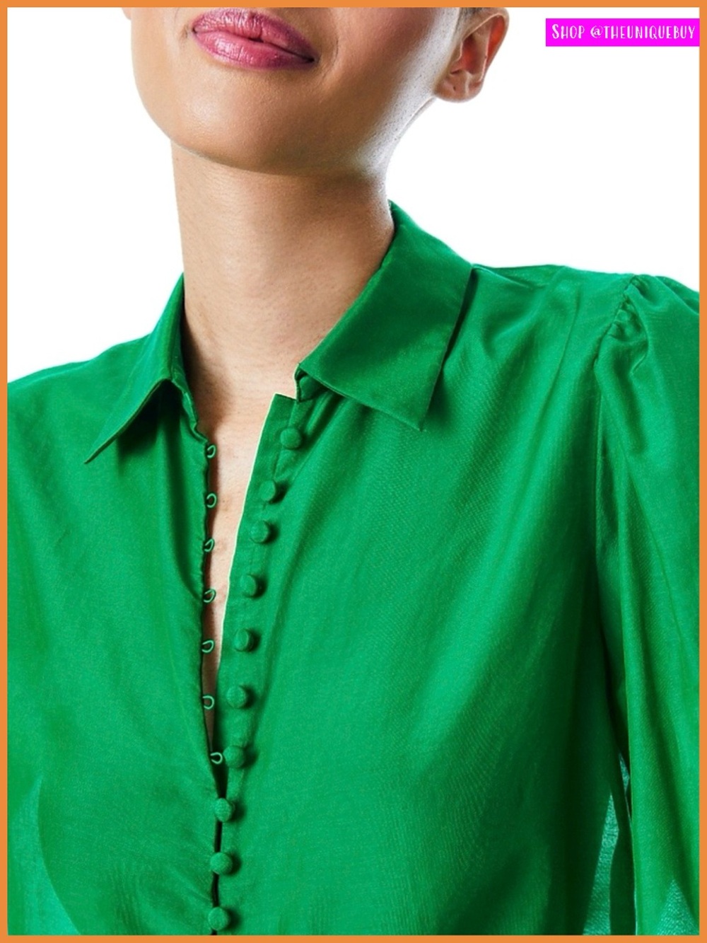 Alice + Olivia Joey Emerald Green Button Front Silk Blend Smocked Blouse Top